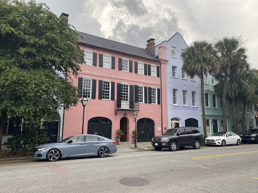 The pastel-colored historic houses of Rainbow Row in Charleston, South Carolina